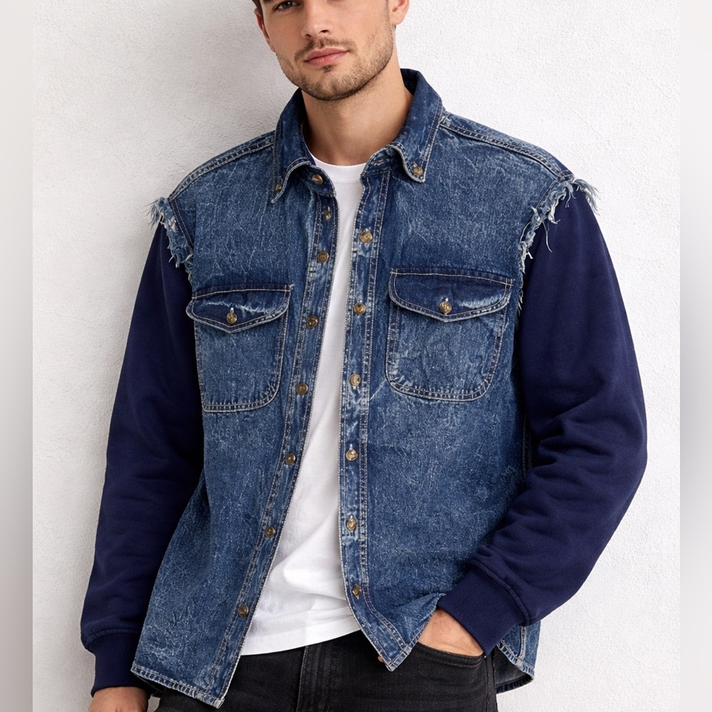 Biker Wear USA Denim Jacket – Raw Cutoff Shoulders, Sweatshirt Sleeves – Size M